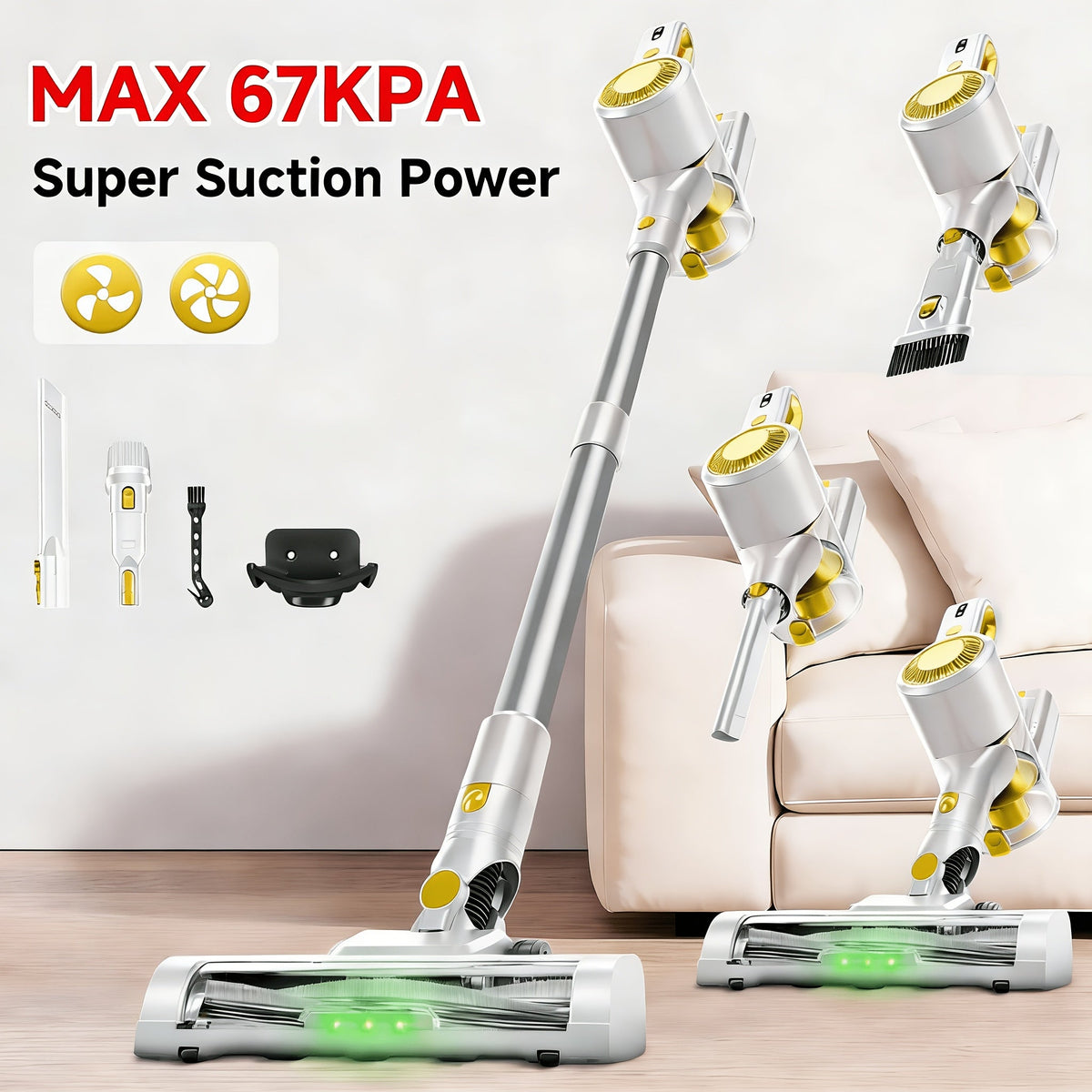 Wired & Wireless Cordless Stick Vacuum Cleaner - 55–70 KPa, 3-Speed, 45-Min Battery, Detachable Battery, LED Floor Brush - Pet Hair, Carpet & Hard Floor - Lightweight Handheld