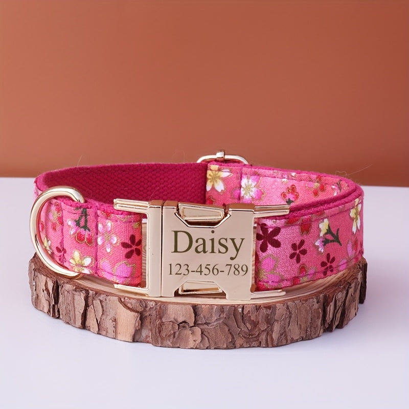 Personalized Dog Collar with ID Tag - Customizable Anti-Lost Pet Collar in 21 Styles, Adjustable XS to XL for Small Medium Large Dogs, Plaid Floral Dot Patterns, Engraved Contact Information