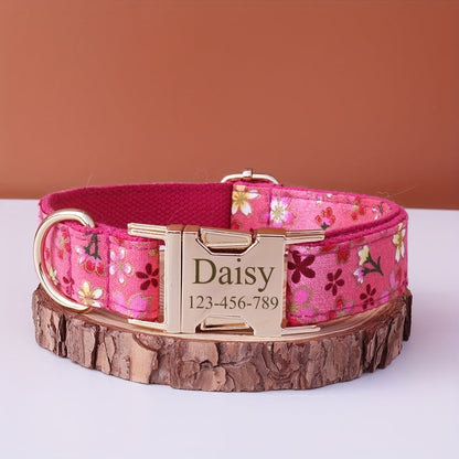 Personalized Dog Collar with ID Tag - Customizable Anti-Lost Pet Collar in 21 Styles, Adjustable XS to XL for Small Medium Large Dogs, Plaid Floral Dot Patterns, Engraved Contact Information