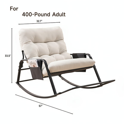 Oversized Outdoor Patio Upholstered Rocking Chair with 5.5" Thick Cushion, Footrest & Double-Sided Storage Bags for Patio Terrace Garden & Balcony – Non-Slip Backing, Available in Beige & Grey, 1 or 2 Pack