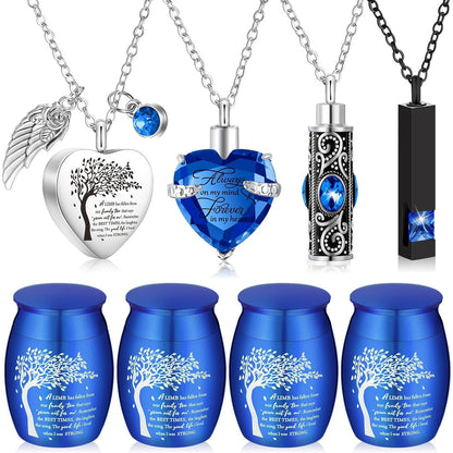 8-Piece Small Cremation Urns for Ashes – Alloy Keepsake Ash Holder Set with Family Tree Memorial Heart Locket Pendant for Adults Men & Women, Burial & Cremation Remembrance Gift, 8 Colors