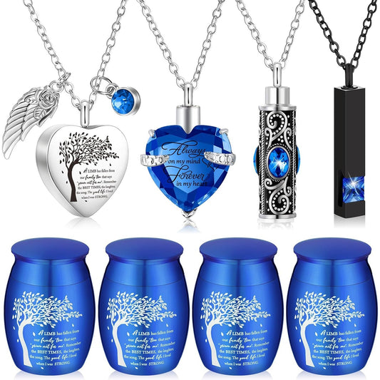 8-Piece Small Cremation Urns for Ashes – Alloy Keepsake Ash Holder Set with Family Tree Memorial Heart Locket Pendant for Adults Men & Women, Burial & Cremation Remembrance Gift, 8 Colors