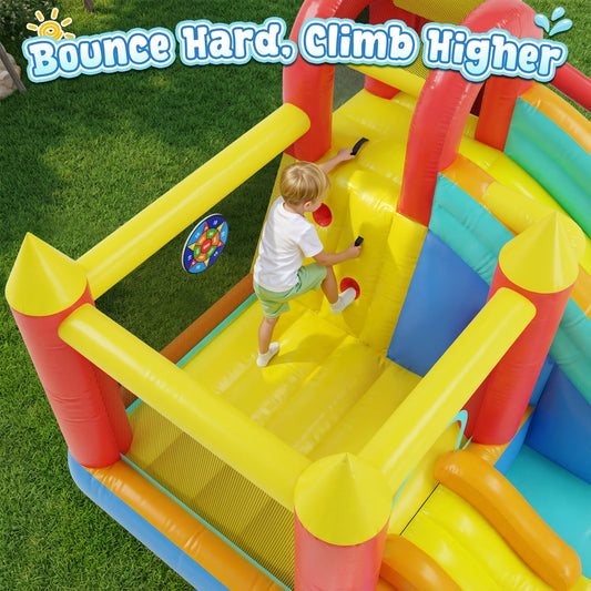 13-in-1 Inflatable Water Bounce House with 550W Blower, Dual Slides, Splash Pool, Water Cannon, Climbing Wall, Basketball Hoop, Fishing & Ring Toss - Kids Backyard Water Park Jumping Castle for Summer