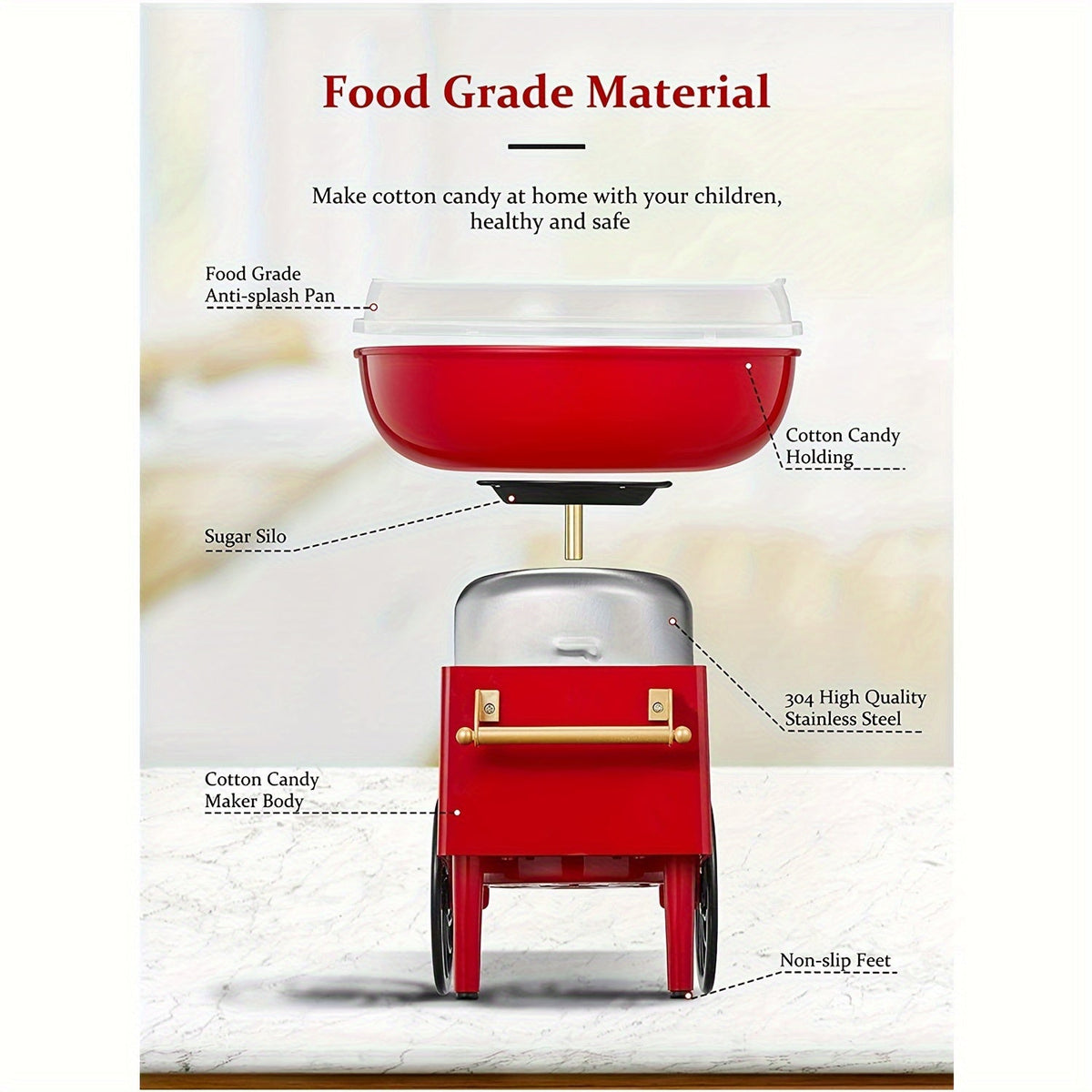 Retro Cotton Candy Machine Kit – Easy-to-Use Candy Maker with Comprehensive User Guide for Parties & Fun Gatherings in Red White & Pink