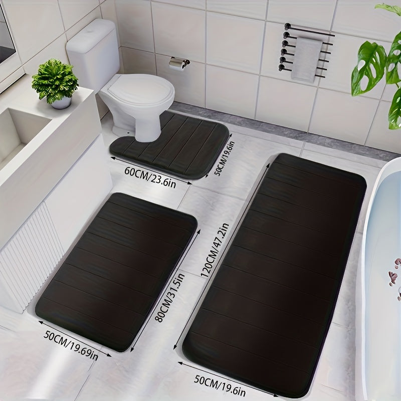3-Piece Memory Foam Striped Bath Mat Set - Non-Slip, Thickened, Quick-Dry & Machine Washable - Soft Bathroom & Shower Room Mats - 10 Colors