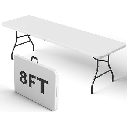 8FT Heavy-Duty Plastic Folding Table with Handles Portable Indoor Outdoor Dining Table for Home Parties Picnics Camping & Events – White & Black