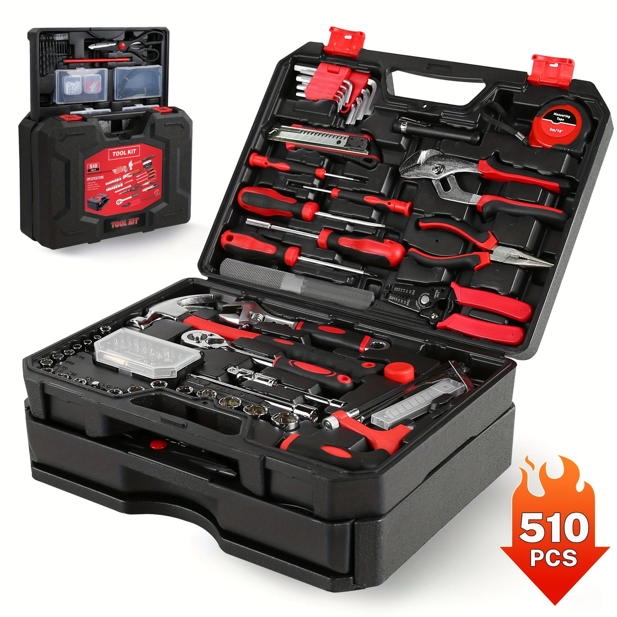 510-Piece Pink Tool Kit Set with 1-Drawer Toolbox Storage Case, Home Repair Mechanics Tool Set with Screwdrivers Pliers Wrenches Sockets, Ergonomic Handles, Portable Organizer for Women & Men