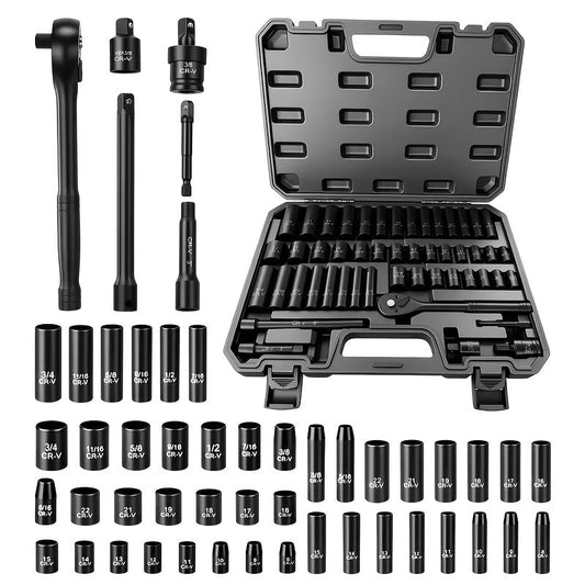 50-Piece 3/8-Inch Drive Impact Socket Set Metric 8-22mm & Imperial 5/16-3/4 In Hex Sockets with 1/4 & 3/8-In Bit Adapters Ratchet Handles & Portable Toolbox – Green Orange Purple Pink