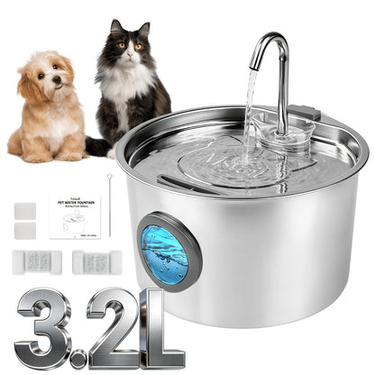 108oz Stainless Steel Pet Water Fountain – Automatic Dog & Cat Water Dispenser with Large Water Level Window, Ultra-Quiet Pump, Easy to Clean, No Battery Required – 2, 4 or 8 Filter Bundles