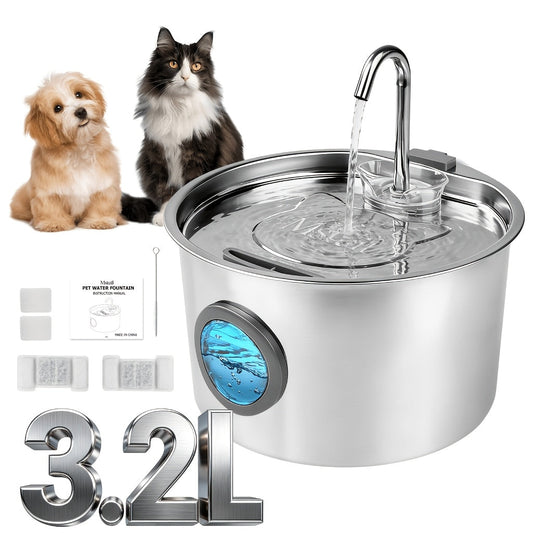 108oz Stainless Steel Pet Water Fountain – Automatic Dog & Cat Water Dispenser with Large Water Level Window, Ultra-Quiet Pump, Easy to Clean, No Battery Required – 2, 4 or 8 Filter Bundles