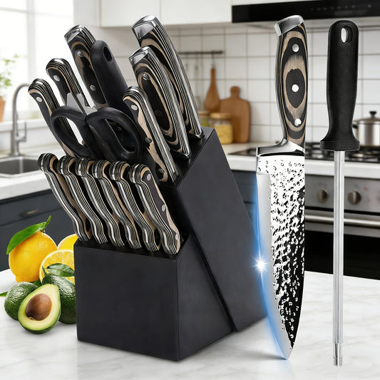 15-Piece Kitchen Knife Set with Wooden Block - Self-Sharpening, Medium Carbon Stainless Steel, Hammered Finish & Steak Knives - Chef Knife Set - Silver, Black, Wooden, Jet-Black & Deep-Black
