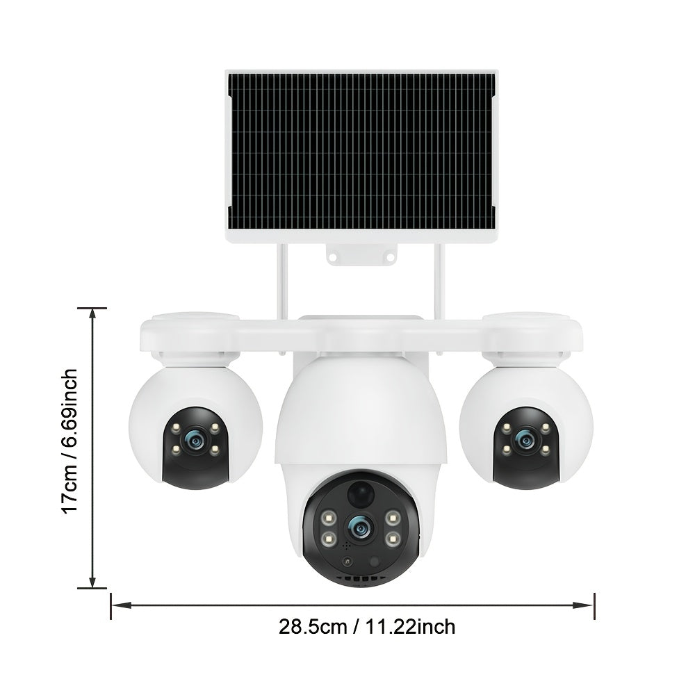Solar-Powered Outdoor Security Camera, Triple Lens 8MP UHD, 360° Rotation, Color Night Vision, Motion Detection, Two-Way Audio, Wi-Fi / 4G LTE, Cloud & Local Storage, Detachable Solar Panel (SD Card Not Included)