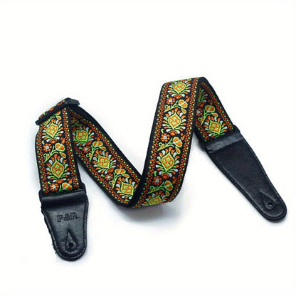 Adjustable Embroidered Guitar Strap with PU Leather Ends – Boho National Style, 35–57 Inch Length, Fits Acoustic, Electric, Classical Guitar & Bass, 11 Unique Designs