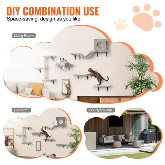 Wall Mounted Cat Shelves Set of 6, Cat Wall Furniture with 2 Jump Boards, Hammock, Sofa, Cat Tree & Grip, 40 lbs Capacity, Non-Toxic Pine, Plush Pad, Easy Install, Space-Saving Cat Playground
