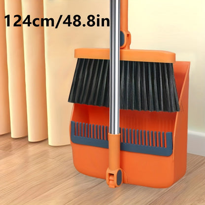 2-Piece Handle Broom & Dustpan Set - Portable Indoor Sweeping Set for Home, Kitchen, Wood Floors & Pet Hair - Standard & Extended Handle - White, Blue & Orange