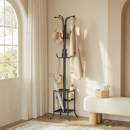 Metal Freestanding Coat Rack Stand with 12 Hooks & Umbrella Storage Base – Multi-Hook Garment Holder for Hallway Entryway Bedroom