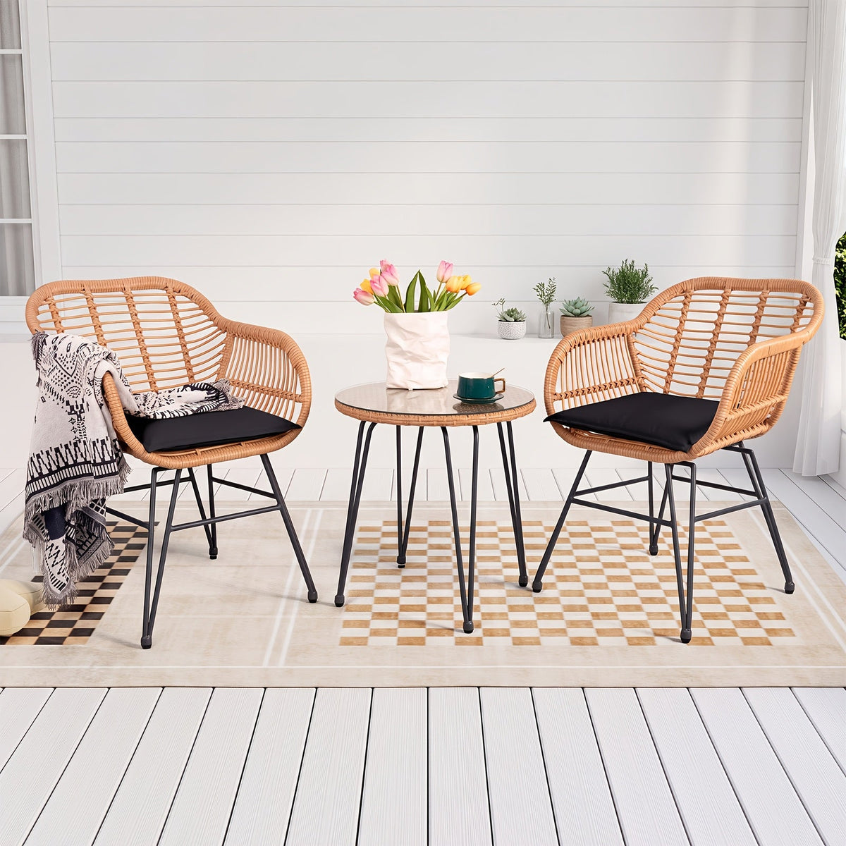 3-Piece Outdoor Rattan Patio Bistro Set with Glass Top Table & Washable Cushions for Garden Terrace Deck & Poolside – Beige or Black