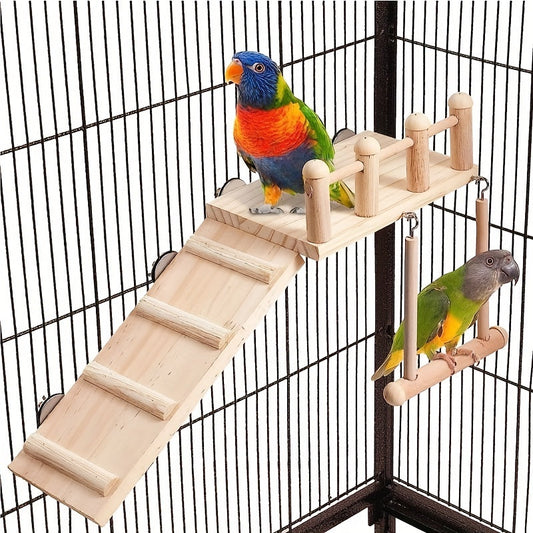 Wood Bird Perch Swing with Climbing Ladder - Multi-Level Radiata Pine Cage Gym Platform for Parrots Lovebirds Cockatiels Chinchillas Hamsters - Bird Play Stand Ladder Swing Cage Accessory