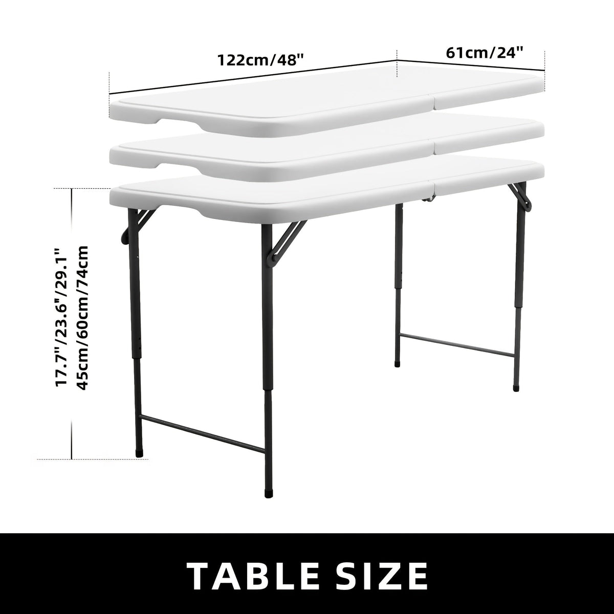 Folding Table 4 Foot Heavy Duty 400 LBS Capacity – 3-Position Adjustable Height Portable Fold-in-Half Table for Camping Party Indoor Outdoor Use 1 or 2 Pack