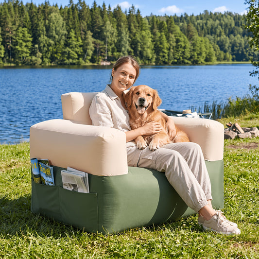Portable Inflatable Couch with Wireless Air Pump, Blow-Up Sofa with Supportive Backrest & Armrests, Quick Inflate & Deflate, for Camping, Living Room, Patio, Beach & Travel