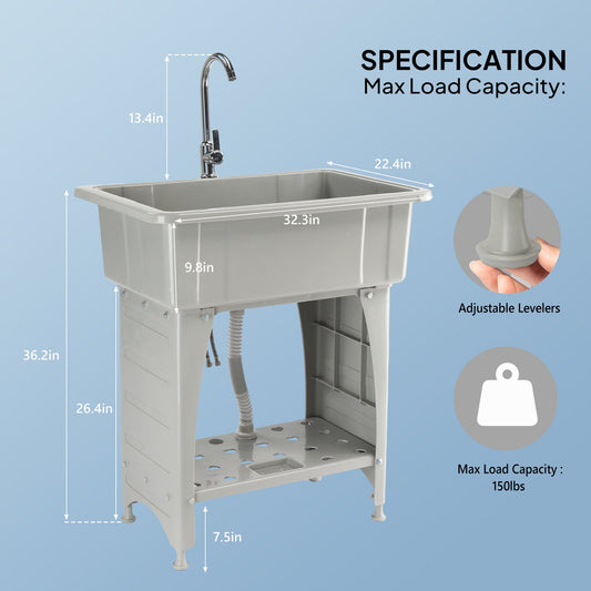 20-Gallon Freestanding Utility Sink Laundry Tub with Stainless Steel Faucet, Removable Drainboard, Storage Shelf & Soap Box for Laundry Room Garage Mudroom & Basement – Tool-Free Install, Black & White
