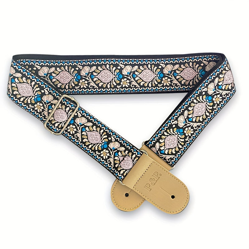 Adjustable Embroidered Guitar Strap with PU Leather Ends – Boho National Style, 35–57 Inch Length, Fits Acoustic, Electric, Classical Guitar & Bass, 11 Unique Designs