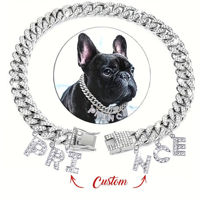 Personalized Rhinestone Dog Necklace Collar with Letter Pendant Tag – Sparkling 13mm Cuban Chain Dog Collar, Custom Initial Charm, Double Lock Design for Small Medium Dogs, Luxury Pet Jewelry Gift