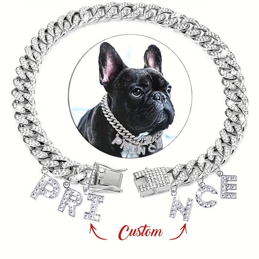 Personalized Rhinestone Dog Necklace Collar with Letter Pendant Tag – Sparkling 13mm Cuban Chain Dog Collar, Custom Initial Charm, Double Lock Design for Small Medium Dogs, Luxury Pet Jewelry Gift