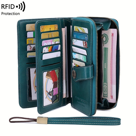 RFID Retro Large Capacity Long Wallet - Multi-Card Women's Purse with Zipper & Wrist Strap - Solid Color - Light Blue, Pink, Gray, Yellow & Orange