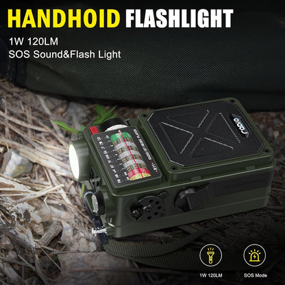 Portable Emergency Radio NOAA Weather Alert Solar & Hand Crank Powered VFD Display SOS Flashlight USB SD MP3 Headphone Jack for Power Outages Camping & Survival – Green