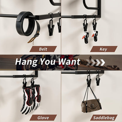 Wall Mounted Motorcycle Helmet Holder - 4 Clips & 4 Hooks, Helmet Rack & Hanger for Motorcycle Accessories Storage - Black