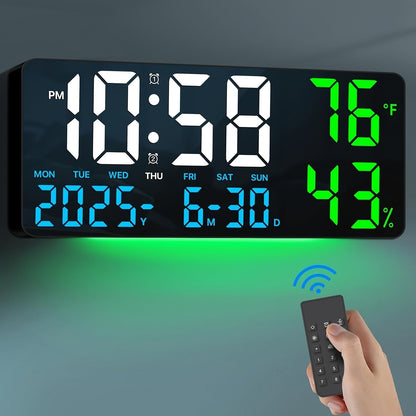 Large Screen LED Alarm Clock 15 Inch Auto-Dimming with Remote Control | Digital Clock Time Date Week Temperature Humidity Timer | Bedroom Bedside Senior-Friendly Living Room Office Desk