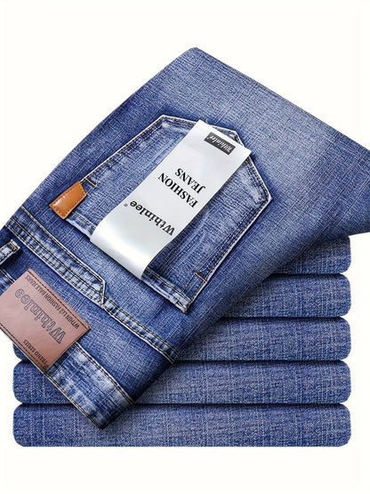 Men's Solid Denim Jeans - Straight Leg, Slight Stretch, Light Business Style - Outdoor, Casual & Daily Wear - Waist 30–40 - Sky Blue & Black Gray