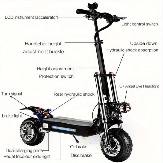 All-Terrain Electric Scooter with Seat - Dual Drive Front & Rear Motors, 60V 38Ah Long Range Battery, Full Hydraulic Suspension, 11-Inch Tires, Front & Rear Disc Brakes | High Speed City & Off-Road Commuter Scooter (Black+Orange)