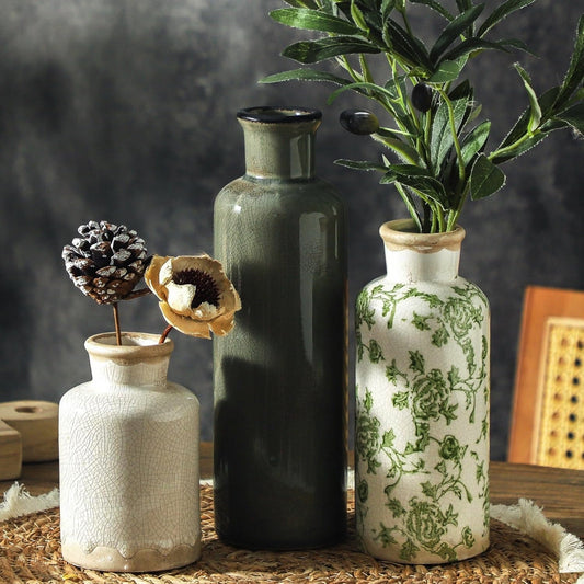 3-Piece Nordic Style Ceramic Vase Set - Modern Minimalist Dried Flower Holder - Living Room & Dining Table Flower Arrangement Decor - Green - Holiday Gift