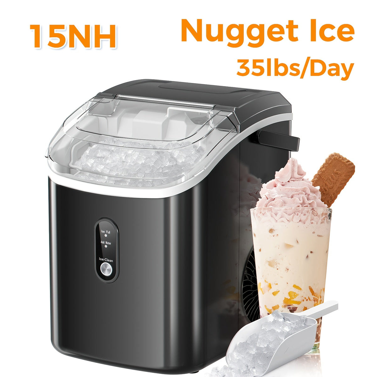 Portable Countertop Ice Maker - Bullet & Nugget Pebble Ice, 26-35 lbs/Day, Self-Cleaning, One-Touch, Sonic Ice Making - Kitchen, Office & Home Bar - Black & Stainless Steel