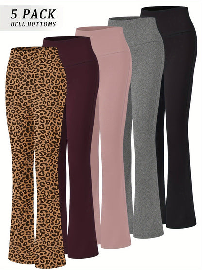 Women's High Waisted Flare Bell Bottom Yoga Pants 5-Pack Tummy Control Full-Length Bootleg Leggings Soft Stretch Wide Leg Pants for Yoga Gym Dance Pilates Year-Round Wear Sizes S-XXL