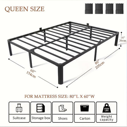 14-Inch Metal Bed Frame Twin Full Queen – Heavy-Duty Iron Frame with Fan-Shaped Legs Mattress Fixers & Under-Bed Storage Space Easy Assembly Black