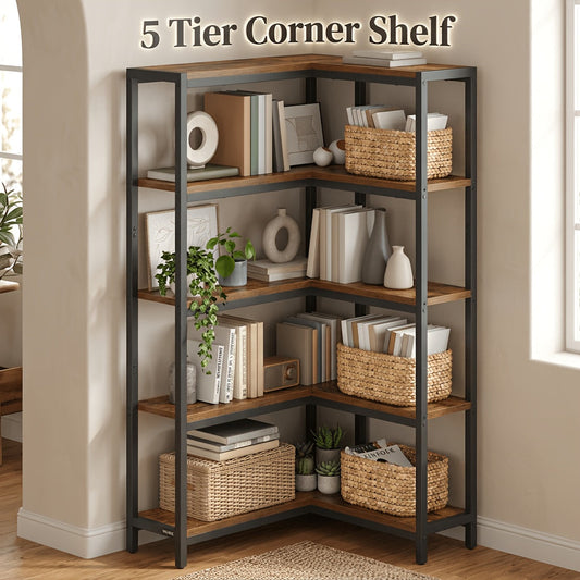 Industrial Corner Shelf 5-Tier, Convertible L-Shape or Straight Bookshelf, Metal Frame Rustic Wood Finish, Space-Saving Corner Bookcase for Living Room Bedroom Home Office Study, Multi-Level Organizer
