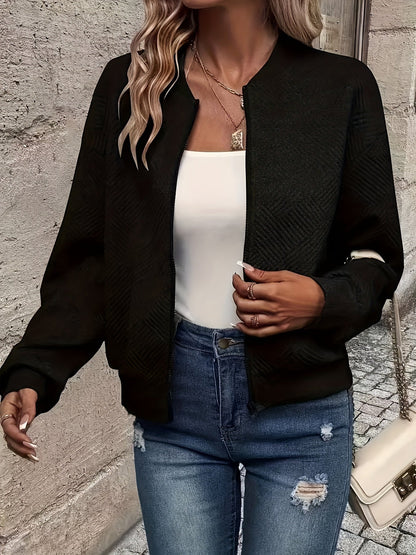Women's Baseball Collar Zipper Jacket - Solid Color Casual Outerwear | Rib-Knit Polyester Lined Sporty Coat Fall Spring Fashion New Arrival