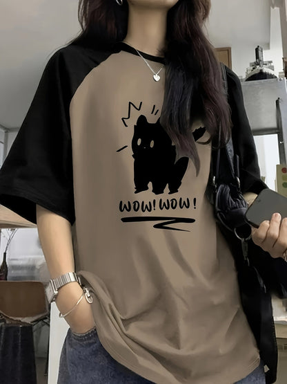 Y2K Cute Cat Letter Print Raglan Sleeve T-Shirt Women Round Neck Stretch Casual Top Olive Green Camel Red S M L XL XXL