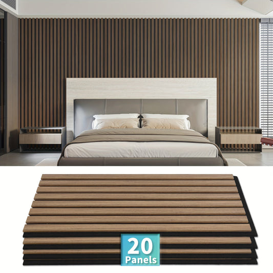 3D Wood-Look Wall & Ceiling Tiles 20-Panel Set (40 Sq Ft), MDF Grille Noise-Insulating Panels 24"x12", Textured Wood Grain Finish, Easy Install, Available in Deep Walnut / Walnut / Oak / Gray Oak