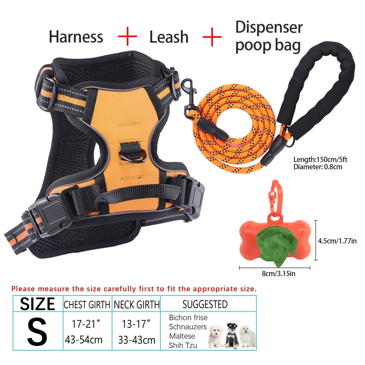 4-Piece Dog Harness and Leash Set No-Pull No-Choke Reflective Oxford Vest Harness with Leash Poop Bag Dispenser Easy Control Handle for Medium Large Dogs Outdoor Training Walking
