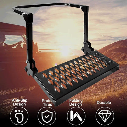 Folding Tire Step Heavy Duty Steel for Truck SUV RV & Pickup, 350lbs Capacity, Adjustable Height & Width Fits 10"-14" Tires, Anti-Slip Surface, Rubber Bumpers – Roof Rack Access & Vehicle Maintenance
