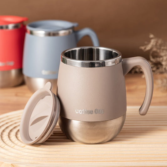 16.91oz Double-Layer Stainless Steel Covered Mug with Lid - Heat-Resistant Coffee & Water Cup - Family, Outdoor & Camping - Blue, Red & Khaki