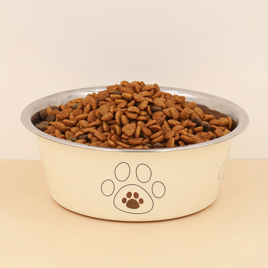 Stainless Steel Dog Bowl with Cute Footprint Pattern Durable Non-Slip Pet Food Water Bowl for Dogs Indoor Outdoor Use Sizes S M L XL Colors Beige Pink Blue