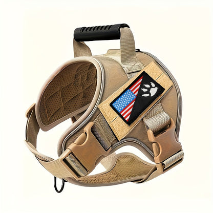 Tactical Dog Harness with Hook-and-Loop Flag Patch – Military Style No-Pull Adjustable Pet Vest for Small Medium Large Dogs, Camouflage & Khaki Outdoor Working Dog Harness, Sizes S M L XL