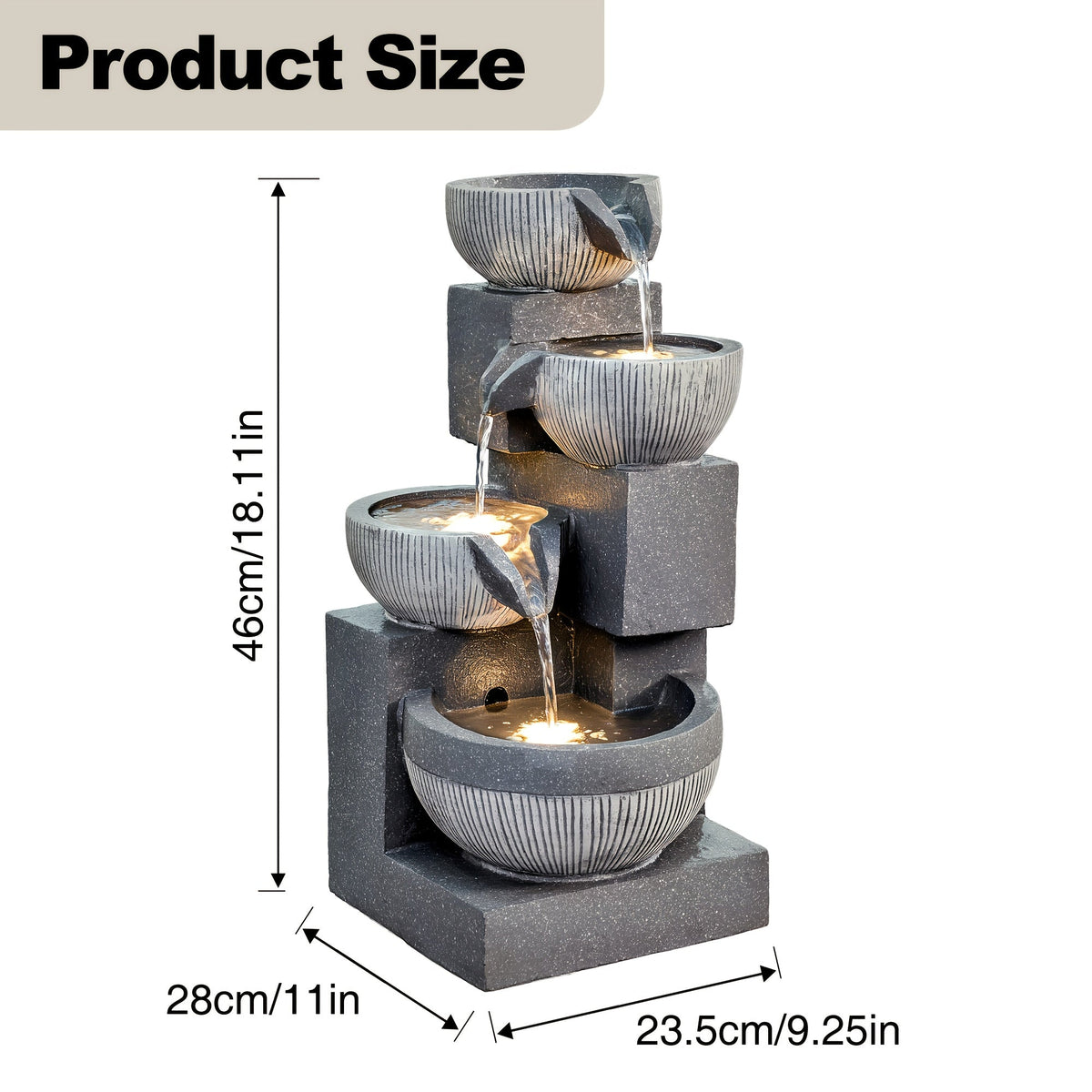 Indoor Water Fountain 4-Tier 18.7" – Cascading Bowl Waterfall with LED Lights & Silent Pump Floor Standing Tabletop Fountain for Home Office Living Room Meditation in Gray