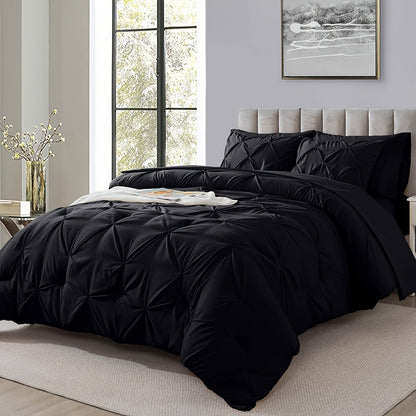 Comforter Set 7 Piece Queen King Full - Soft Microfiber Pintuck Pleated Bed in a Bag Complete Bedding Set with Comforter, Fitted Sheet, Flat Sheet & Pillowcases, All Season Home & Dorm Bedding