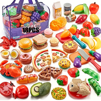 18 Pcs Kids Simulation Kitchen Toy Set Mini Cutting Fruit Vegetable Food Pretend Play Toys Skills Development Birthday Gift for Boys Girls Ages 3+ Random Colors